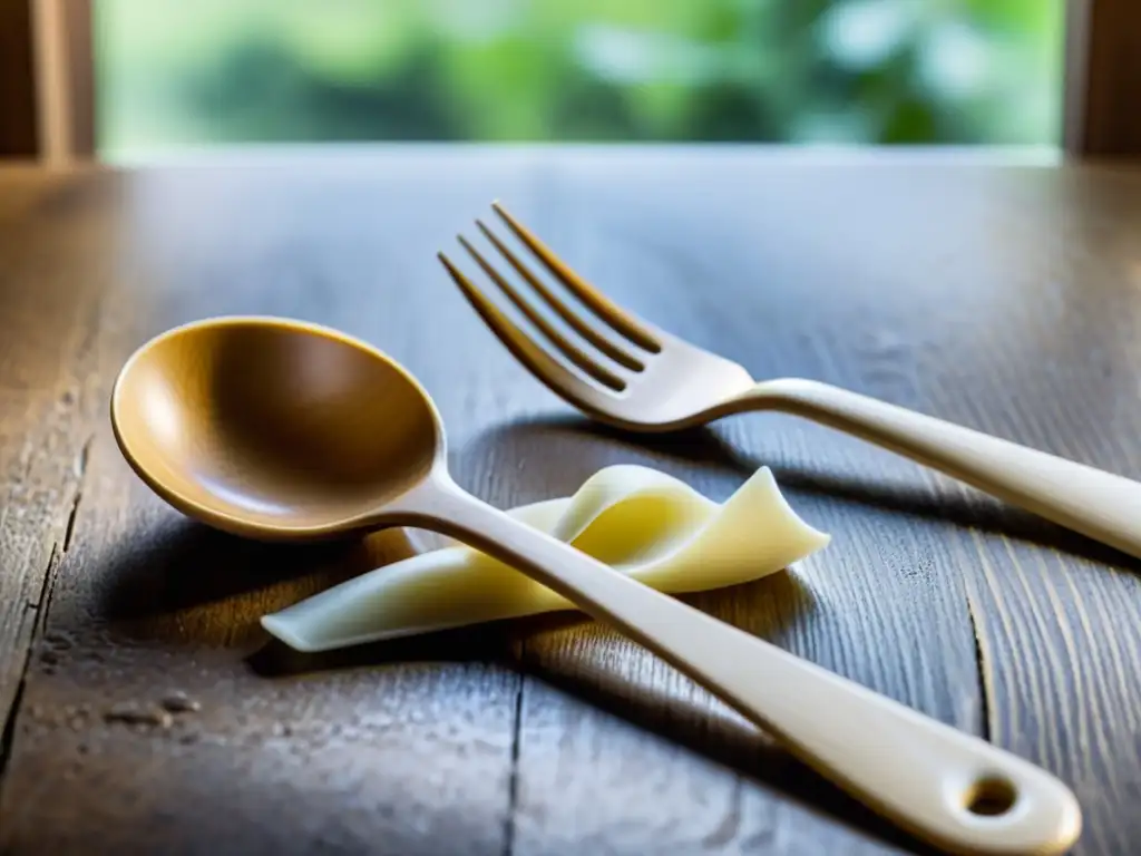 Un juego de tenedor y cuchara de bioplástico en una mesa rústica, iluminados por luz natural