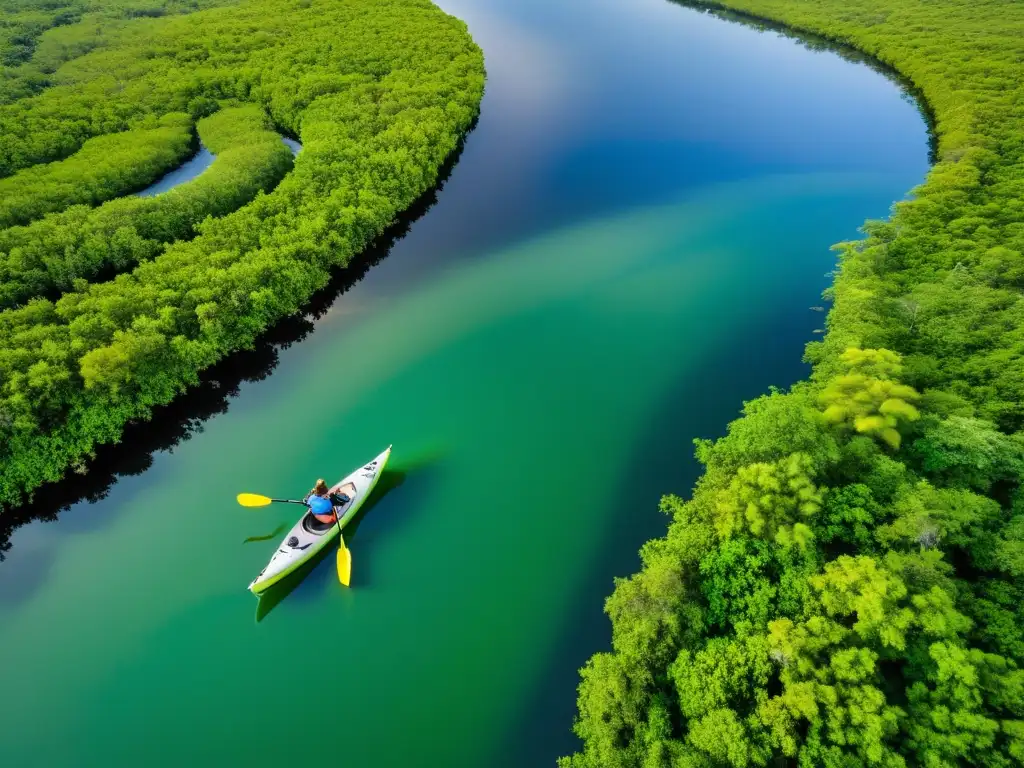 Un kayak solitario navega por el sereno río de los Everglades, mostrando la riqueza acuática y la importancia de la conservación en este ecosistema único