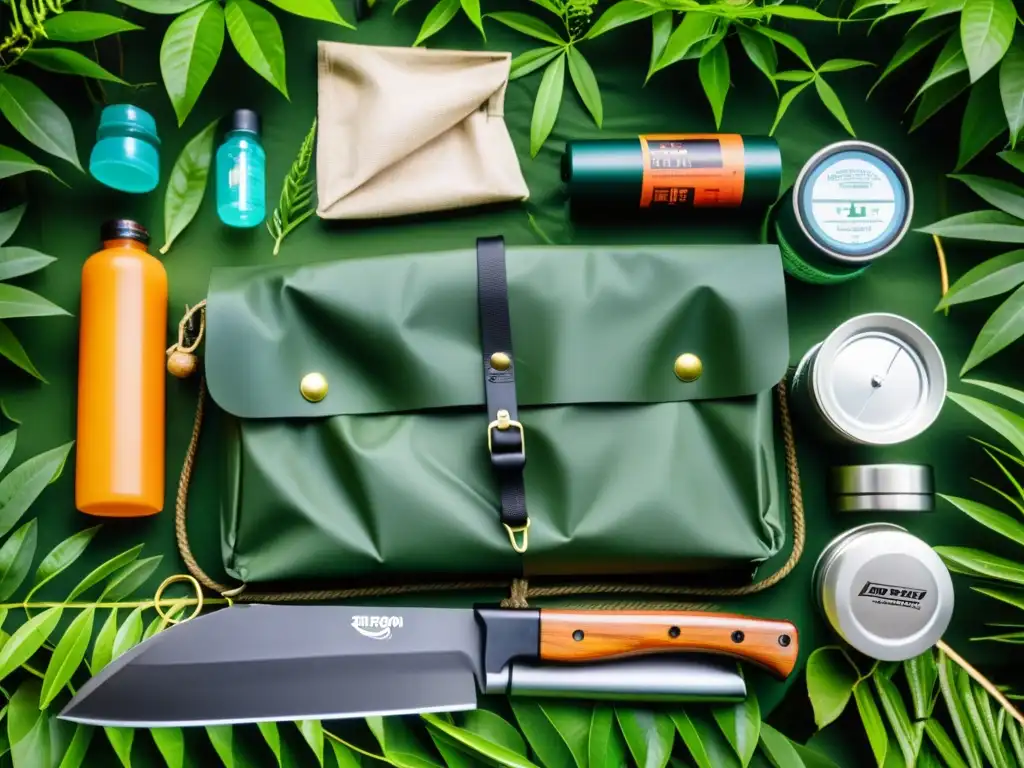 Kit de supervivencia en la selva amazónica Un kit de supervivencia para la selva amazónica, con machete, cuerda, lona impermeable, iniciador de fuego y purificador de agua