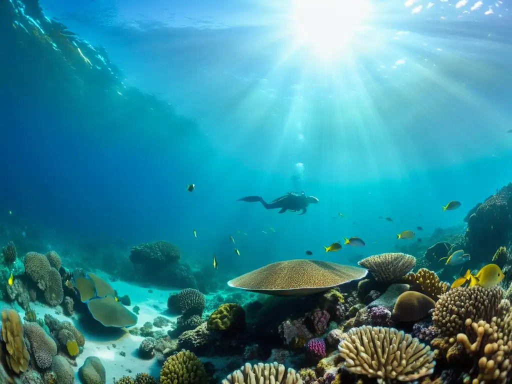 Biodiversidad marina en Komodo: imagen nítida de arrecife de coral vibrante, peces coloridos, tortugas marinas y vida submarina