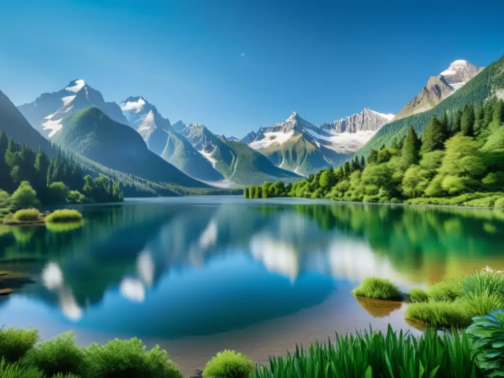 Un lago de agua dulce cristalina entre montañas nevadas y bosques verdes, reflejando el cielo azul y la familia de patos