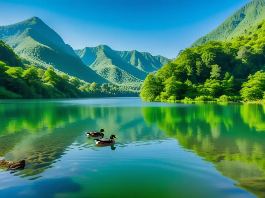 Un lago de agua dulce cristalina y pura, rodeado de montañas verdes, con patos nadando y un bosque vibrante en la orilla