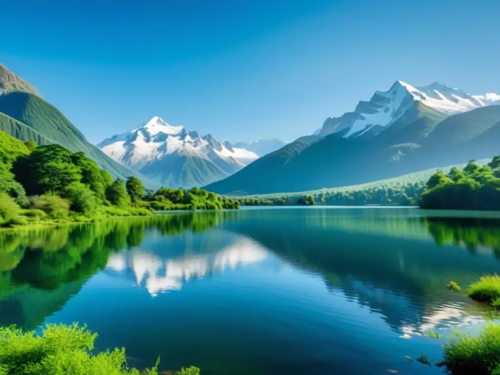 Un lago de agua dulce cristalina, rodeado de exuberante vegetación y montañas nevadas