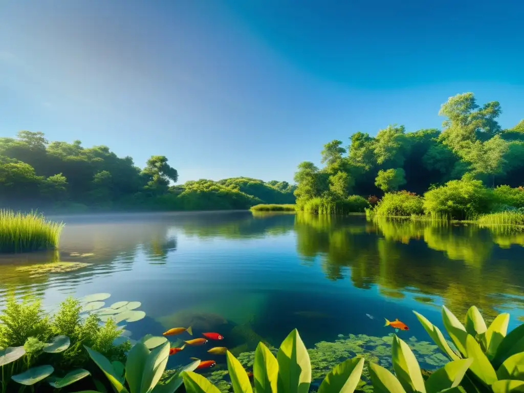 Un lago de agua dulce sereno rodeado de exuberante vegetación, con un ecosistema acuático diverso y vibrante