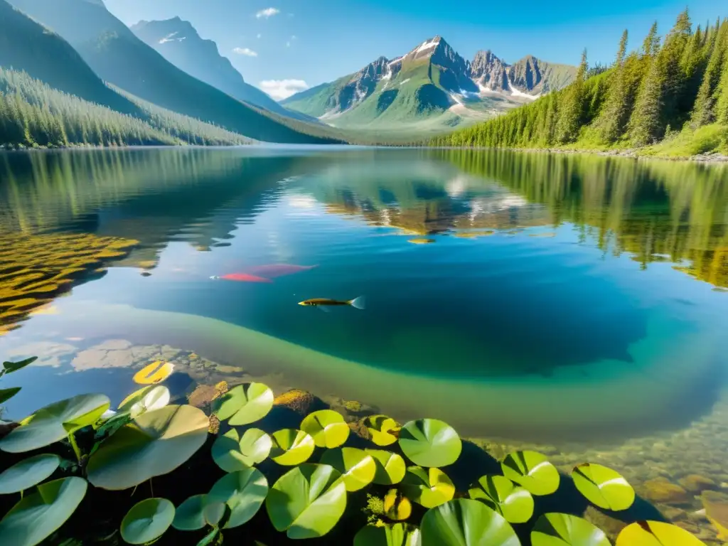 Un lago de aguas cristalinas reflejando un bosque, con vida acuática y una diversa composición química, bajo la luz del sol