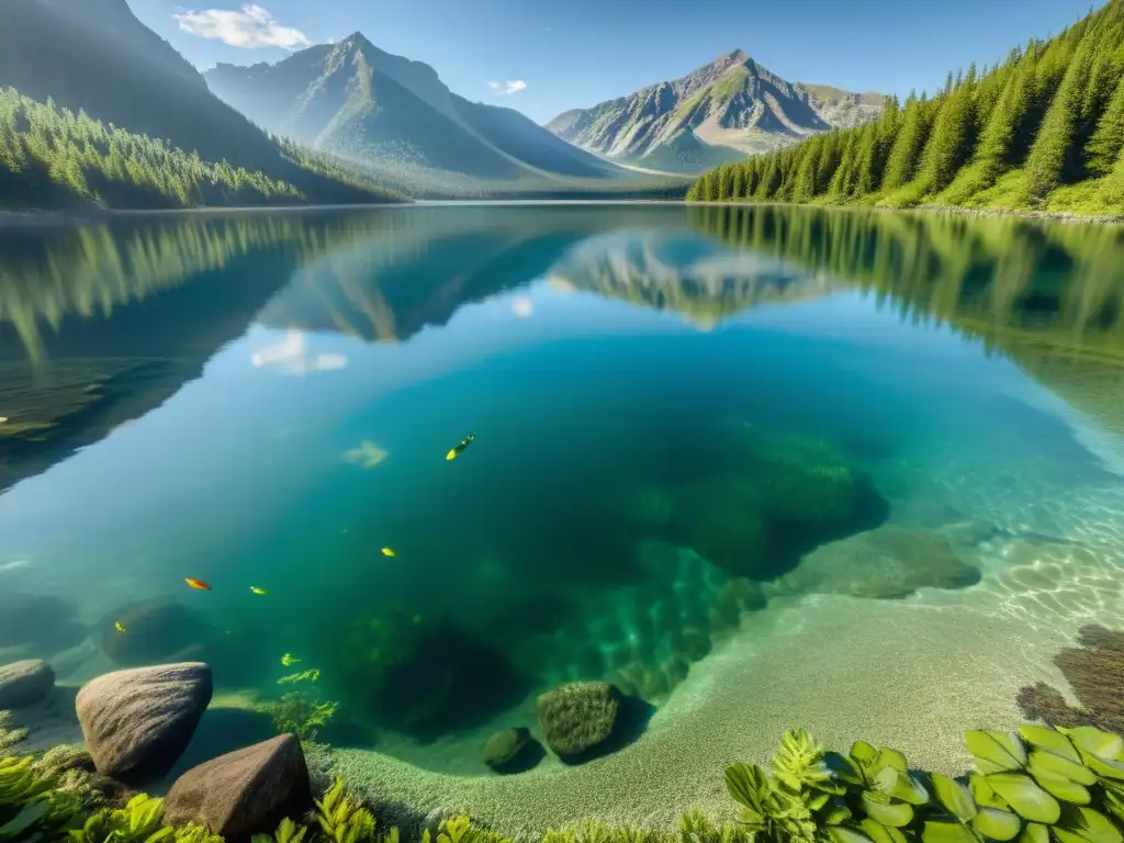 Un lago de aguas cristalinas reflejando el bosque y las montañas, creando una atmósfera serena y mágica