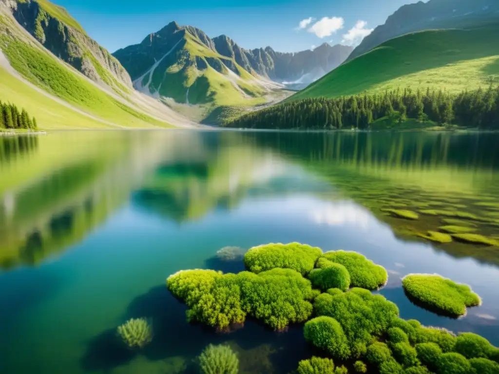 Un lago cristalino reflejando montañas, con vibrante fitoplancton y microorganismos, muestra la importancia del fitoplancton en ecosistemas lacustres