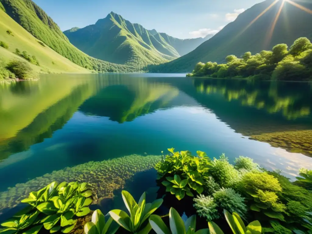 Un lago cristalino rodeado de exuberantes montañas verdes, con el sol reflejando dorados destellos en la superficie del agua