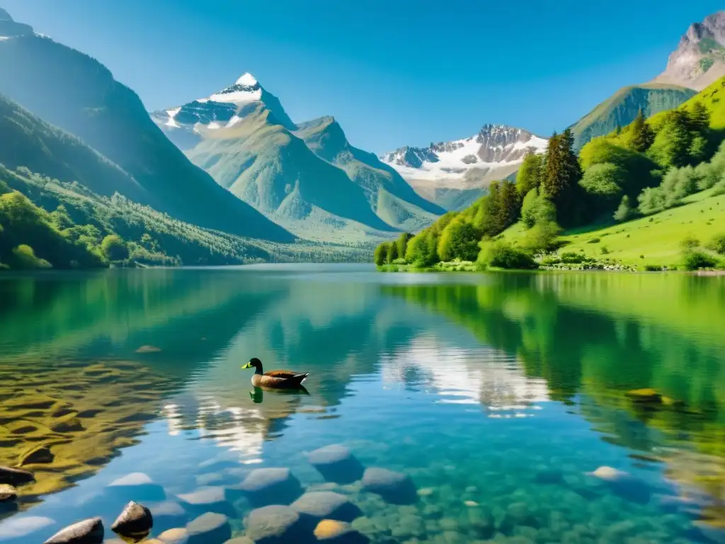 Un lago cristalino rodeado de montañas verdes con reflejos de picos nevados