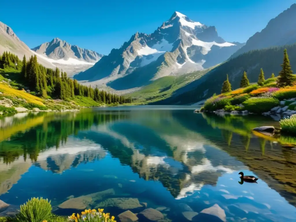 Biodiversidad en lagos de montaña: un lago cristalino rodeado de picos nevados y una diversa flora y fauna alpina, con patos nadando en aguas serenas