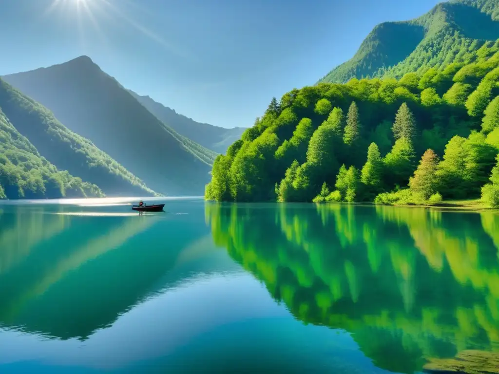 Un lago sereno y cristalino rodeado de montañas verdes, reflejando el cielo azul