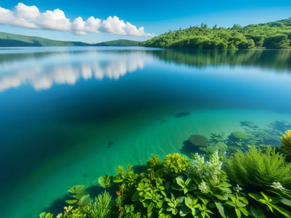 Un lago sereno rodeado de exuberante vegetación acuática refleja el cielo azul y las nubes blancas