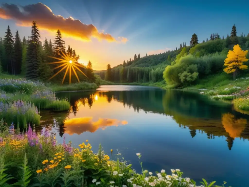 Un lago temporal rodeado de exuberante vegetación y flores silvestres, con el sol poniéndose en el horizonte y creando un cálido resplandor dorado sobre el agua tranquila