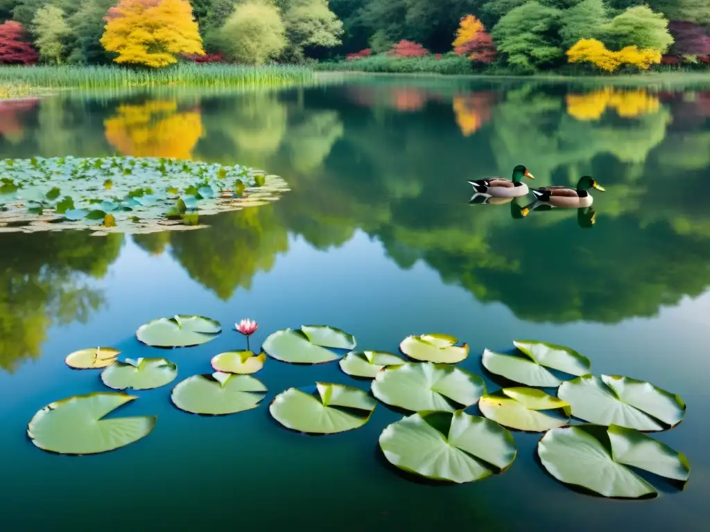 Un lago tranquilo rodeado de un exuberante bosque, reflejando el vibrante follaje otoñal en sus aguas