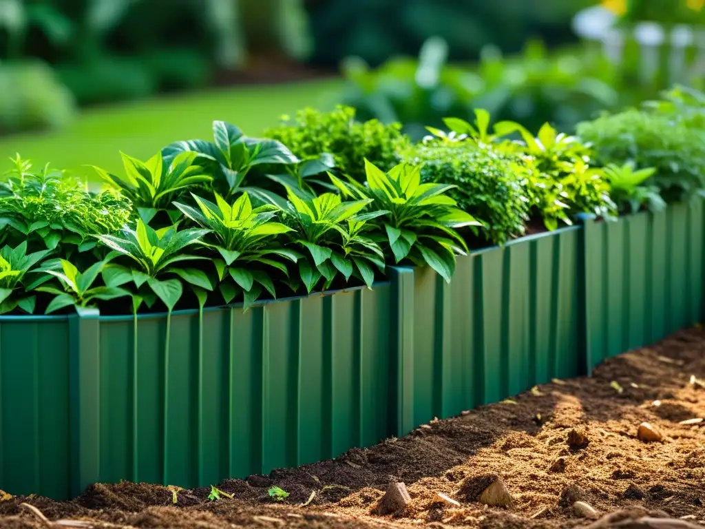 Un lecho de jardín exuberante y saludable cubierto de mantillo orgánico, mostrando los beneficios del mulching en jardinería