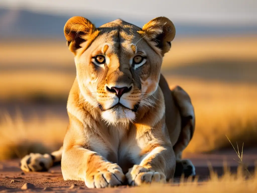 Una leona majestuosa observa el horizonte en la sabana dorada al atardecer, capturando la belleza salvaje mediante fotografía de fauna