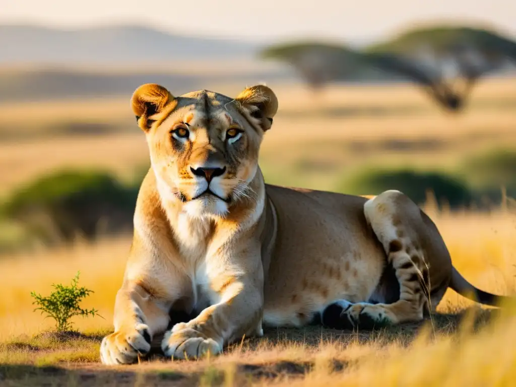 Una leona majestuosa descansa en la sabana africana, exudando poder y gracia mientras sus ojos ámbar reflejan la cálida luz del sol