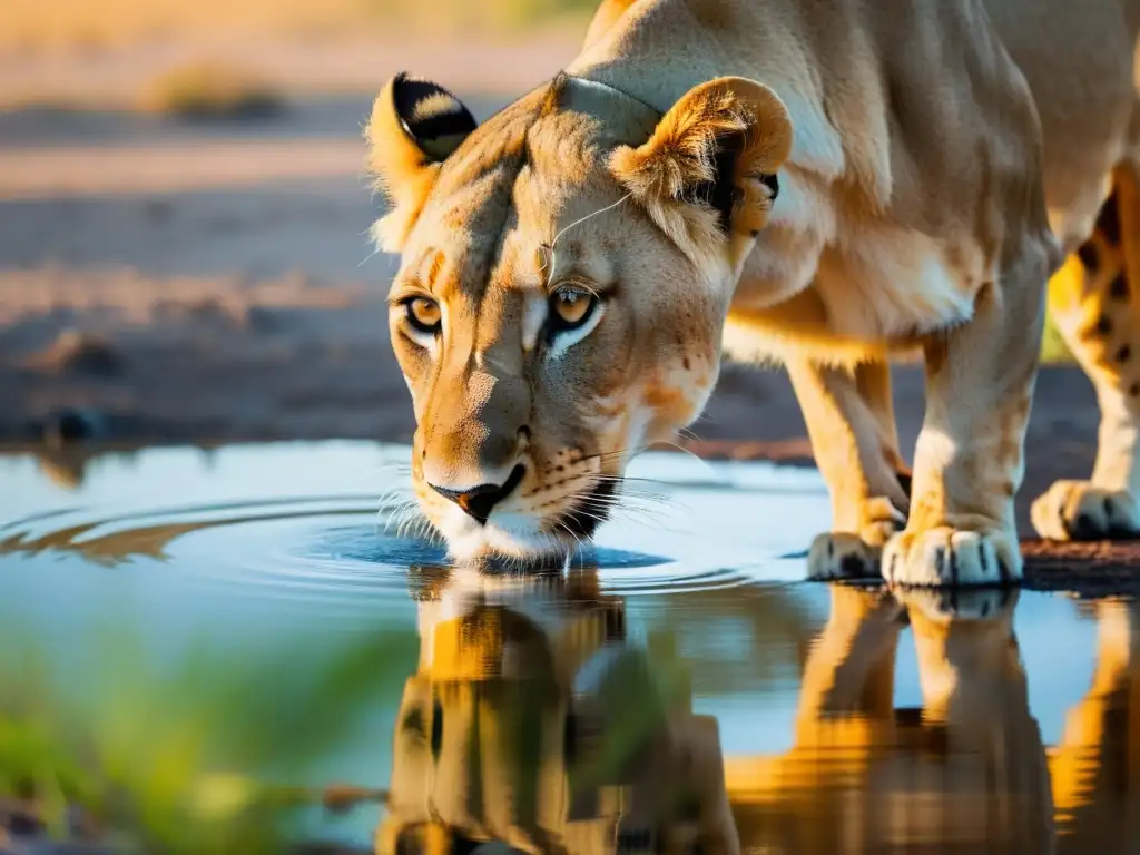 Una leona bebiendo en la sabana al atardecer, su reflejo en el agua cristalina