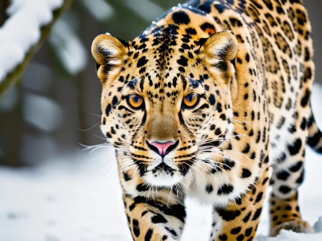 Un leopardo de Amur, especie críticamente amenazada en 2023, se desliza sigilosamente entre la nieve, destacando su vibrante pelaje naranja