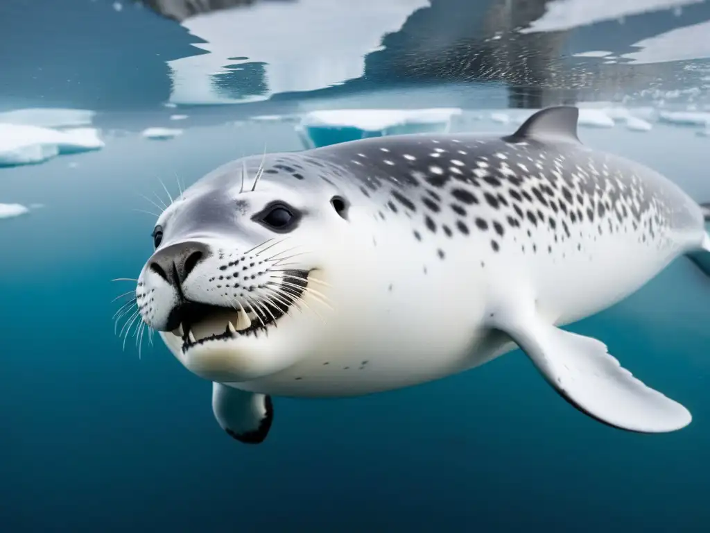 Leopardo marino nadando entre icebergs, especies únicas ecosistemas polares marinos