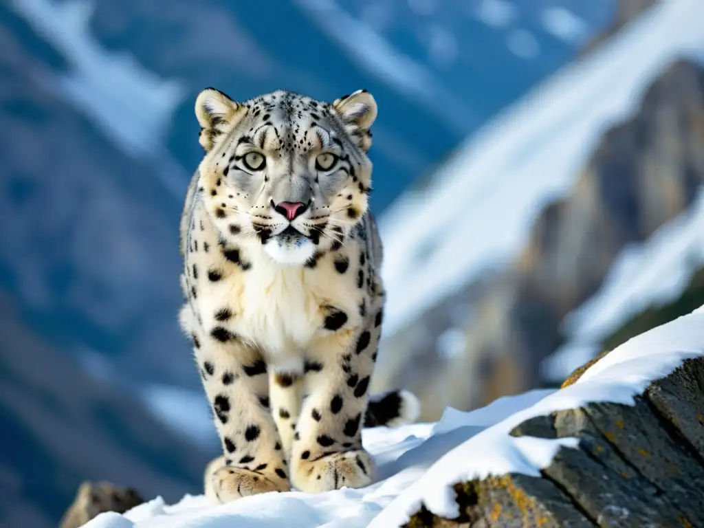 Un leopardo de las nieves camuflado en la montaña, mostrando adaptaciones excepcionales a los ciclos estacionales del ecosistema de montaña