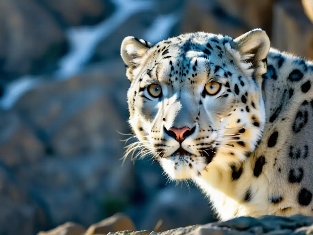 Un leopardo de las nieves camuflado en una montaña rocosa, resaltando la belleza y fragilidad de la especie