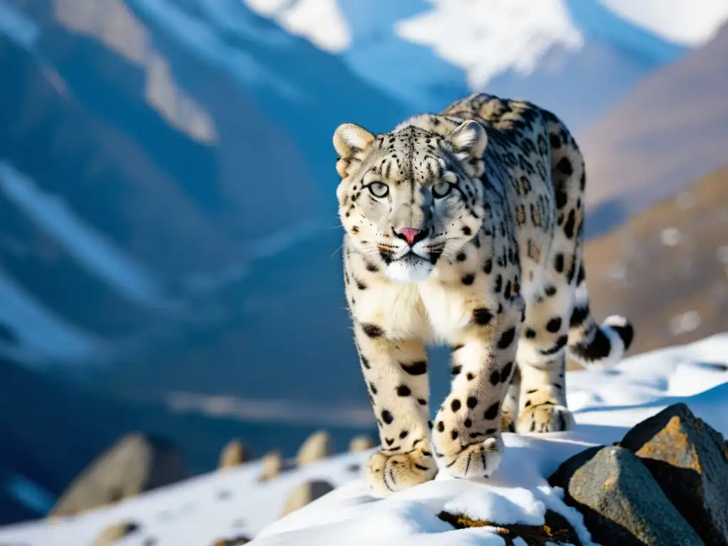 Un leopardo de las nieves avanza con cautela en la empinada ladera nevada