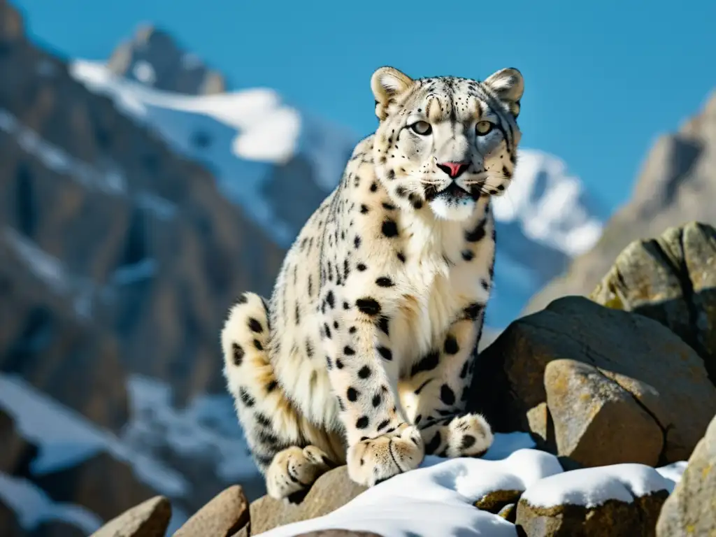 Un leopardo de las nieves se camufla en su entorno montañoso, mostrando la adaptación y camuflaje en animales de montaña