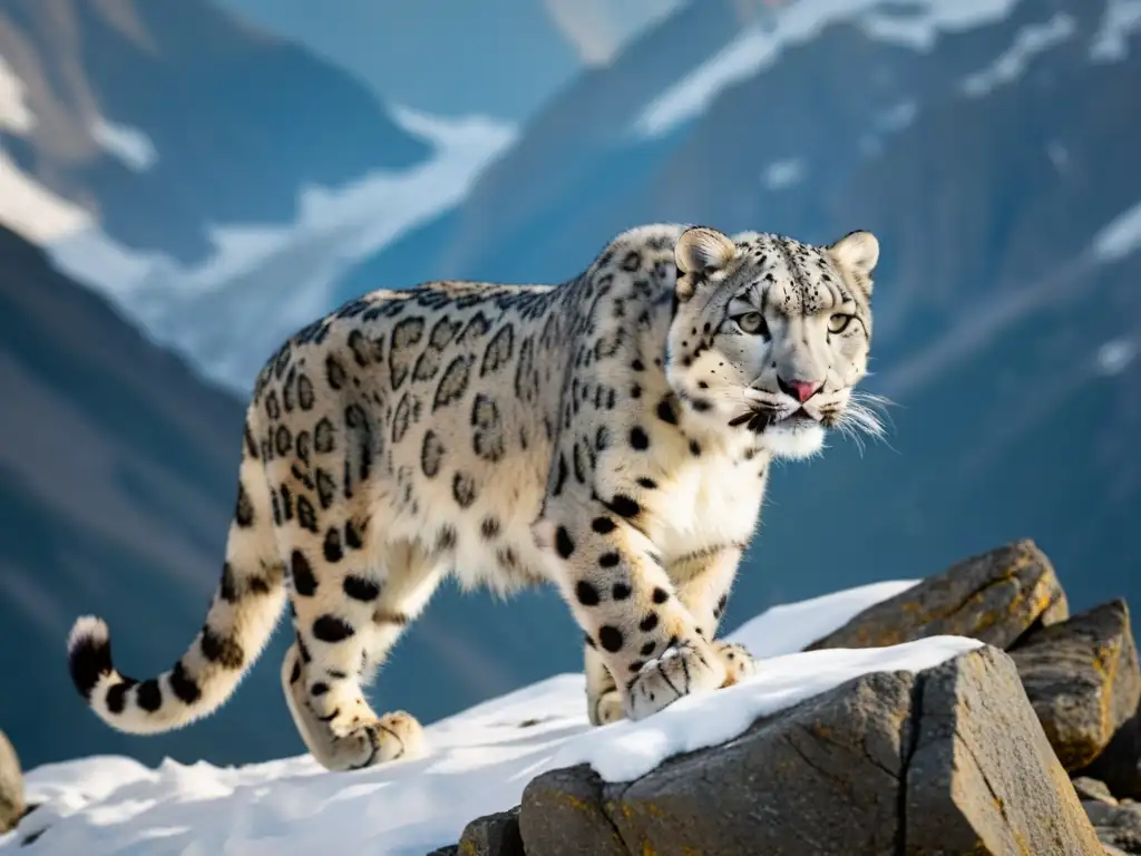 Un leopardo de las nieves se desplaza con gracia por terreno nevado en los Himalayas, mostrando adaptación de especies en ecosistemas extremos