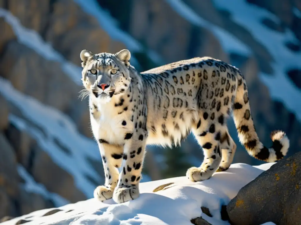 Un leopardo de las nieves se camufla perfectamente en su hábitat de montaña, destacando la adaptación al camuflaje en animales de montaña