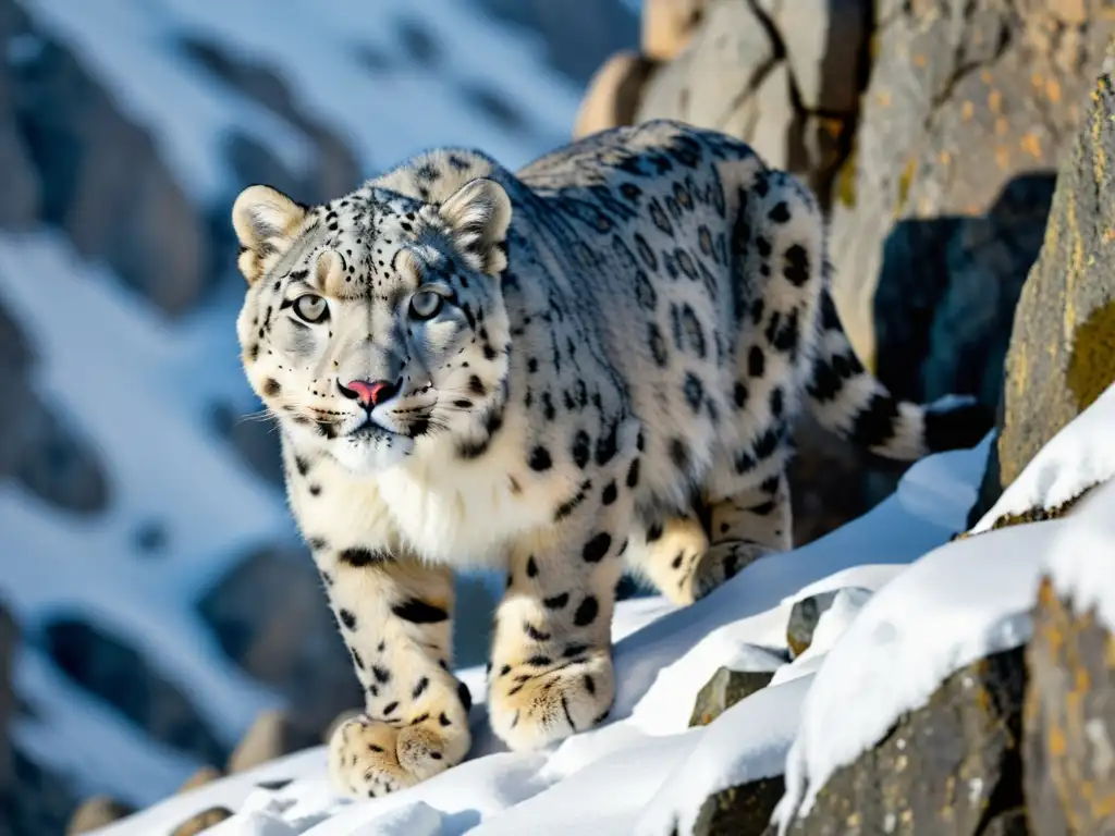 Leopardo de las nieves en Asia: Majestuoso y camuflado, con ojos penetrantes en su hábitat montañoso nevado