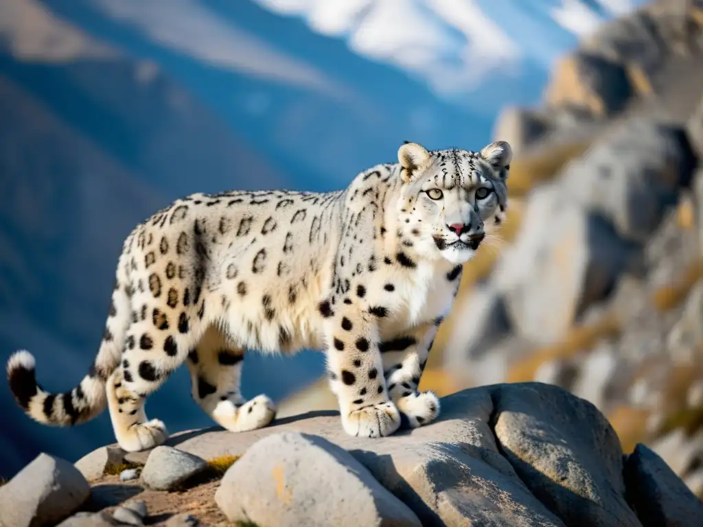 Leopardo de las nieves en Asia: Majestuoso felino entre la nevada montaña, ojos ámbar fijos en su presa, listo para el acecho