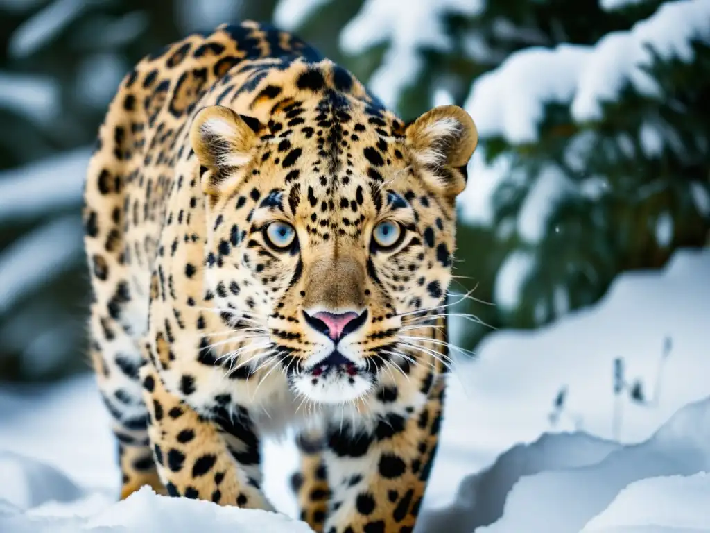 Un leopardo de Amur en peligro crítico agazapado en un bosque nevado, resaltando la urgencia de la conservación genética de especies amenazadas