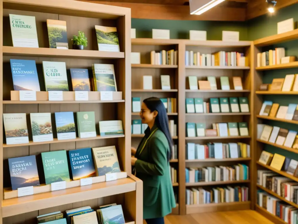 Una librería independiente con guías de ecosistemas en papel reciclado, iluminada por la cálida luz natural