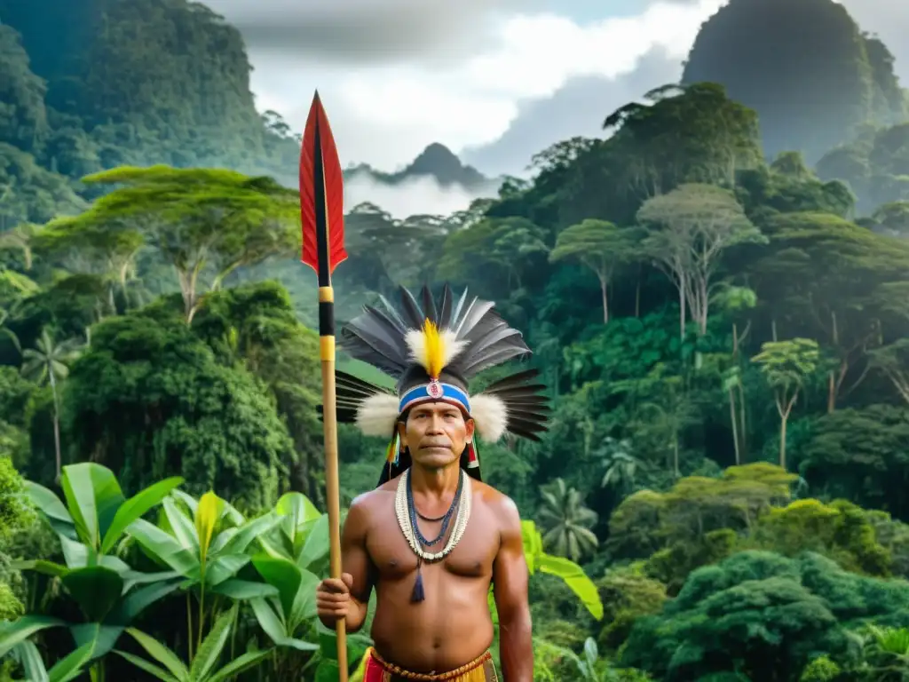 Un líder indígena con su comunidad en la selva, en una escena que refleja la lucha indígena por la conservación de la tierra