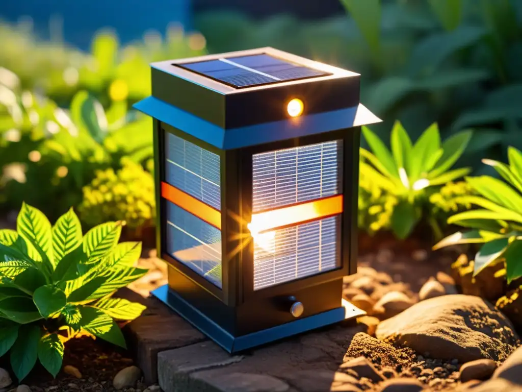 Una lintera solar para exploración nocturna, cargándose bajo el sol, con detalles intrincados y entorno natural vibrante