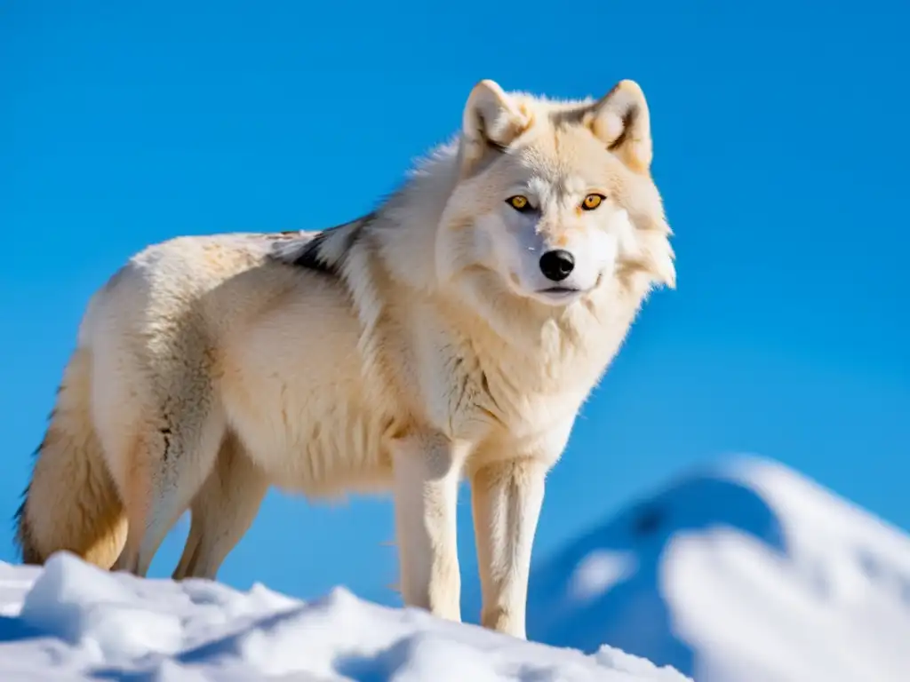 Un lobo ártico orgulloso en el desierto de hielo, su pelaje blanco glistening en la luz del sol