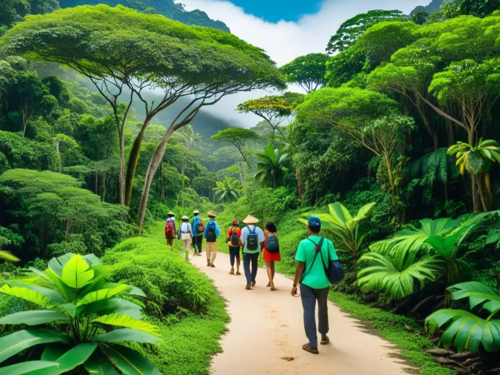 Guía local lidera un eco tour en la exuberante selva de una isla remota