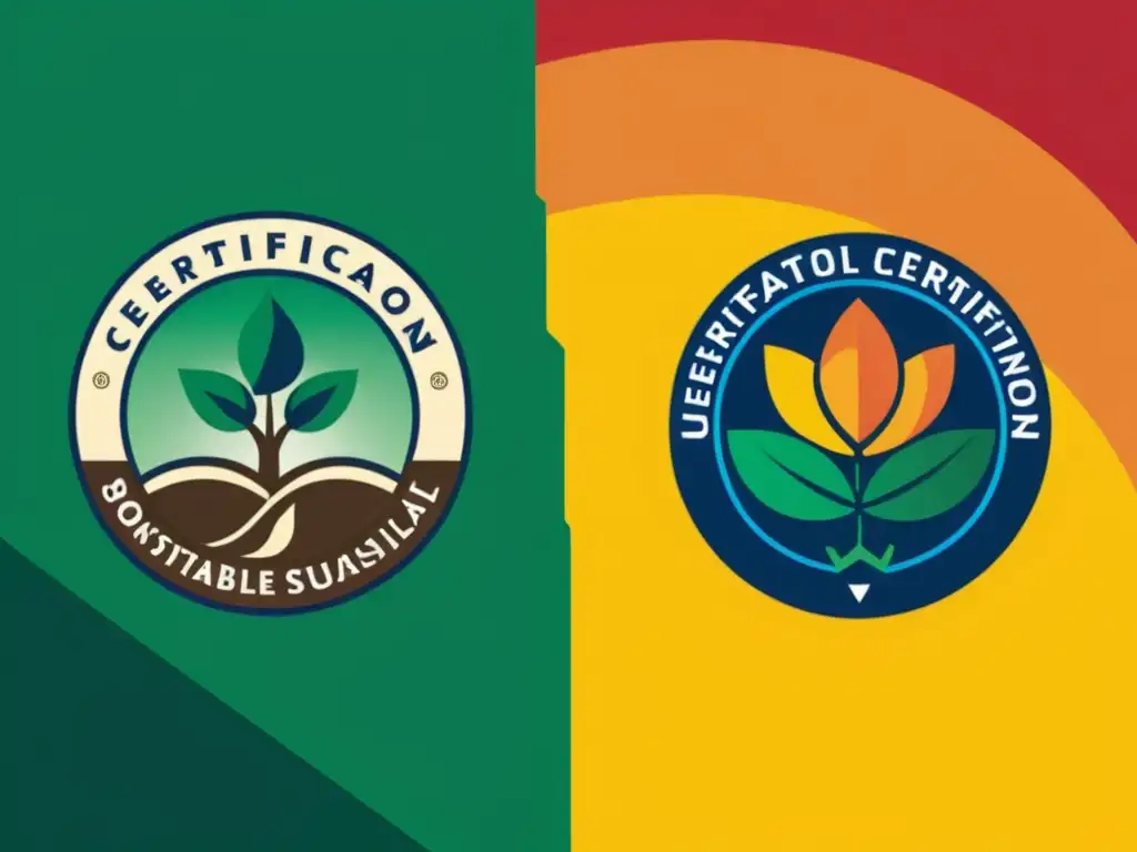 Dos logos de certificación de gestión sostenibilidad ecosistemas, detallados y coloridos, con fondos de naturaleza y energía renovable