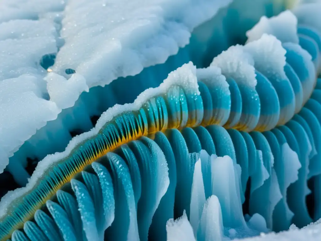 Una lombriz de hielo iridiscente se desliza sobre el cristalino glaciar, mostrando la belleza de la fauna invertebrada en el ecosistema ártico