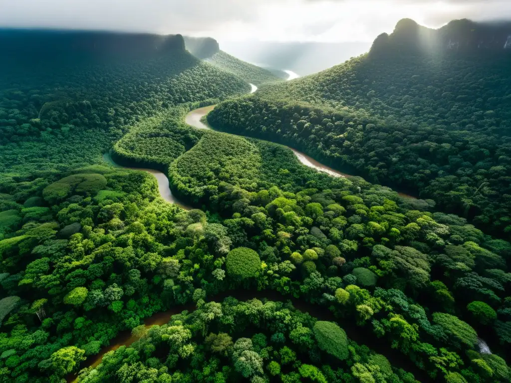 Luminosa selva tropical con diversa vegetación y ríos serpenteantes