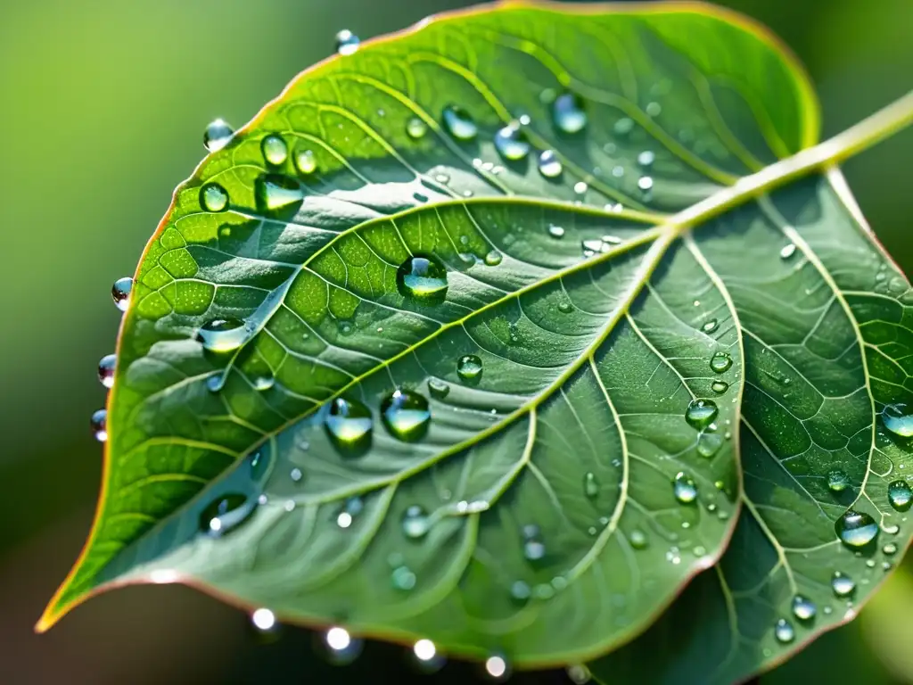 Una fotografía macro que muestra la belleza detallada de una hoja verde vibrante con gotas de agua, iluminada por el sol