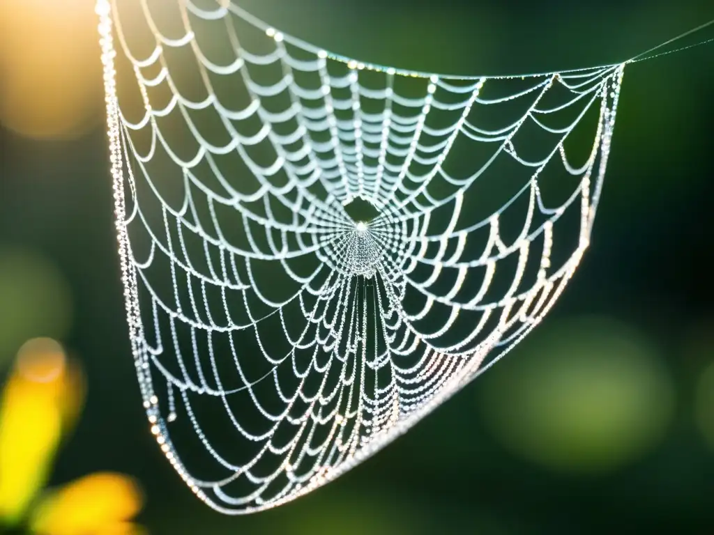 Una fotografía macro de una tela de araña cubierta de rocío, brilla bajo la luz matutina