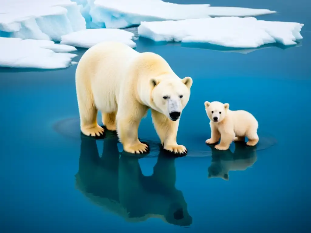 Una madre oso polar y sus crías atraviesan el hielo derretido en el Ártico, destacando el impacto del calentamiento global en ciclos reproductivos