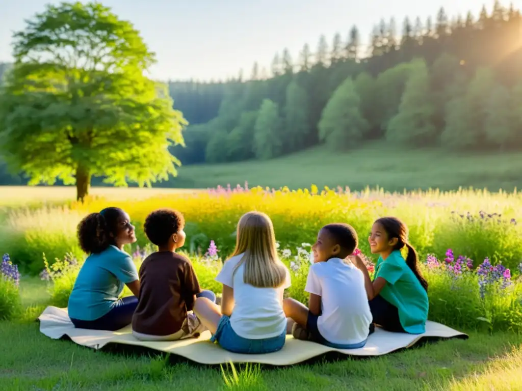 Maestra fomenta amor por la naturaleza en aulas, enseñando a estudiantes en un prado verde rodeado de árboles y flores silvestres