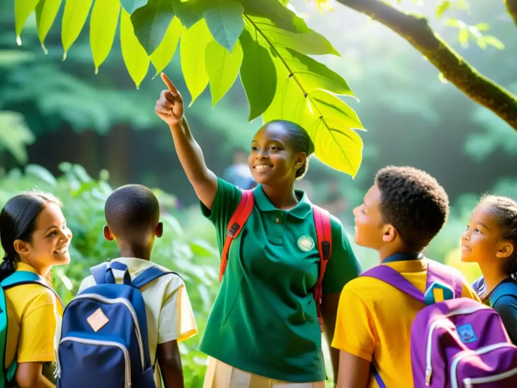 Maestra enseña hoja alegremente a niños con mochilas en aula al aire libre