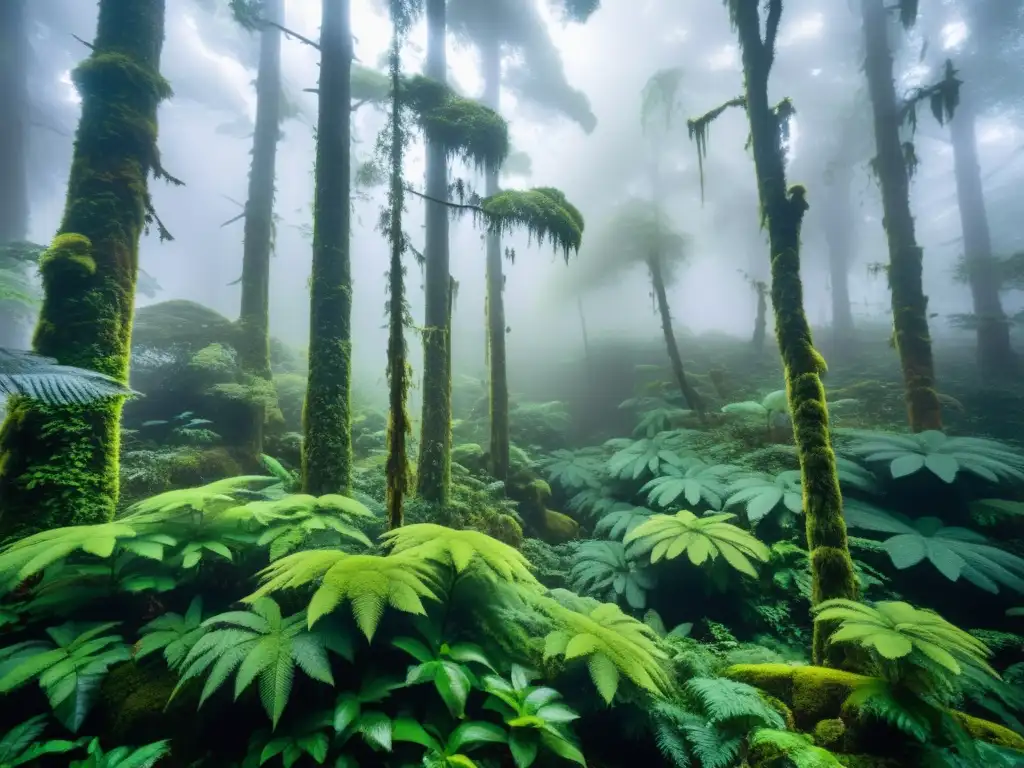 Magia en un bosque neblinoso de Costa Rica, con árboles enormes, musgo verde y aves exóticas entre la niebla