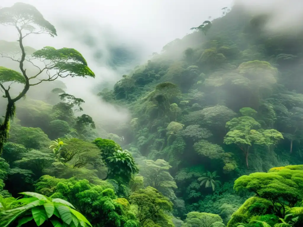 Magia en los bosques neblinosos de Costa Rica: exuberante vegetación, árboles cubiertos de musgo y un ambiente místico bajo la suave luz del sol