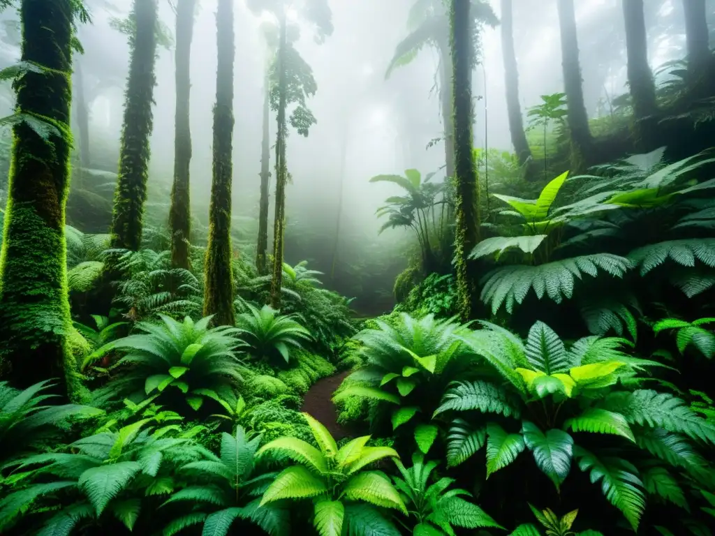 Magia en los bosques de niebla de Costa Rica, con árboles cubiertos de neblina y exuberante vegetación verde