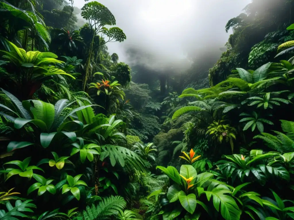 Captura la magia de los bosques de niebla de Costa Rica, con árboles imponentes, vegetación exuberante y una atmósfera etérea